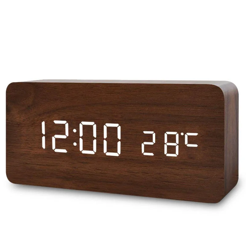 Rectangular digital wooden clock,led clock with temperature,brightness adjustment multiple alarms,Custom branding: Ideal for promotional gifts