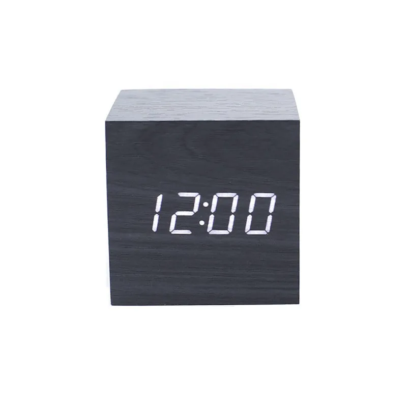 Small square digital wooden clock,led clock with temperature and humidity,brightness adjustment multiple alarms,Custom branding: Ideal for promotional gifts
