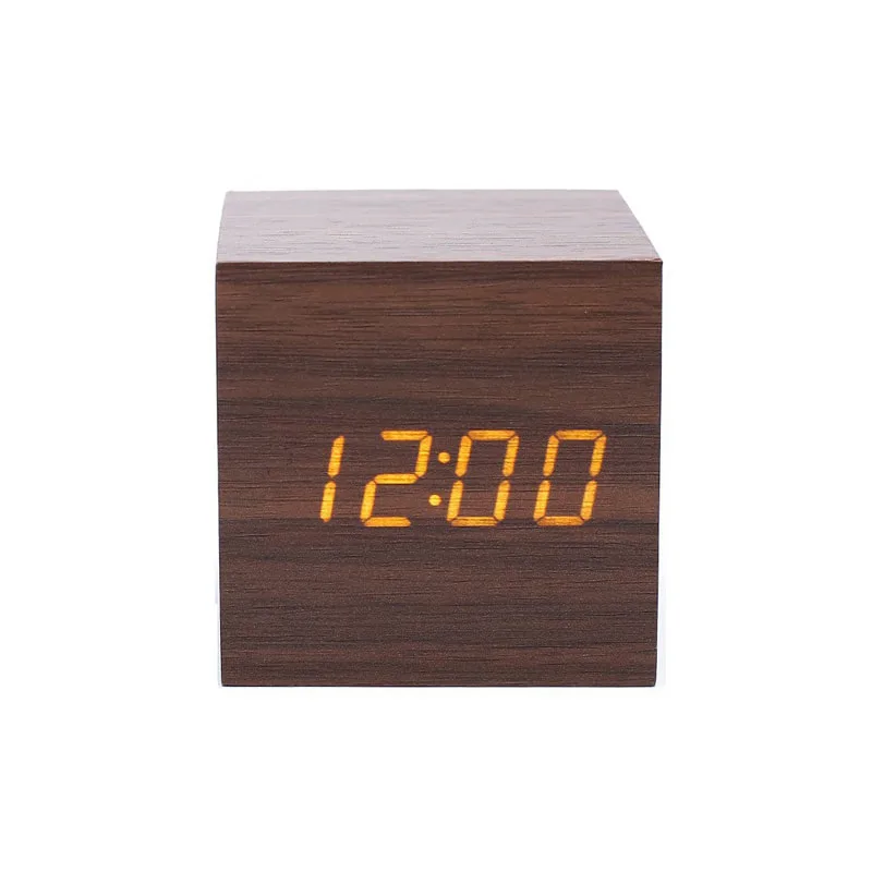 Small square digital wooden clock,led clock with temperature and humidity,brightness adjustment multiple alarms,Custom branding: Ideal for promotional gifts